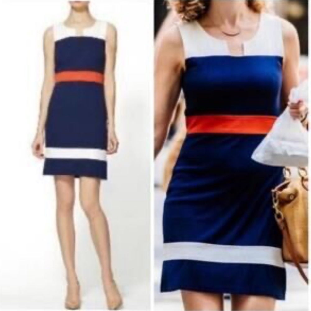 🧋Stitch Fix 41 Hawthorn Sloane Ponte Color block A-Line dress blue cream orange